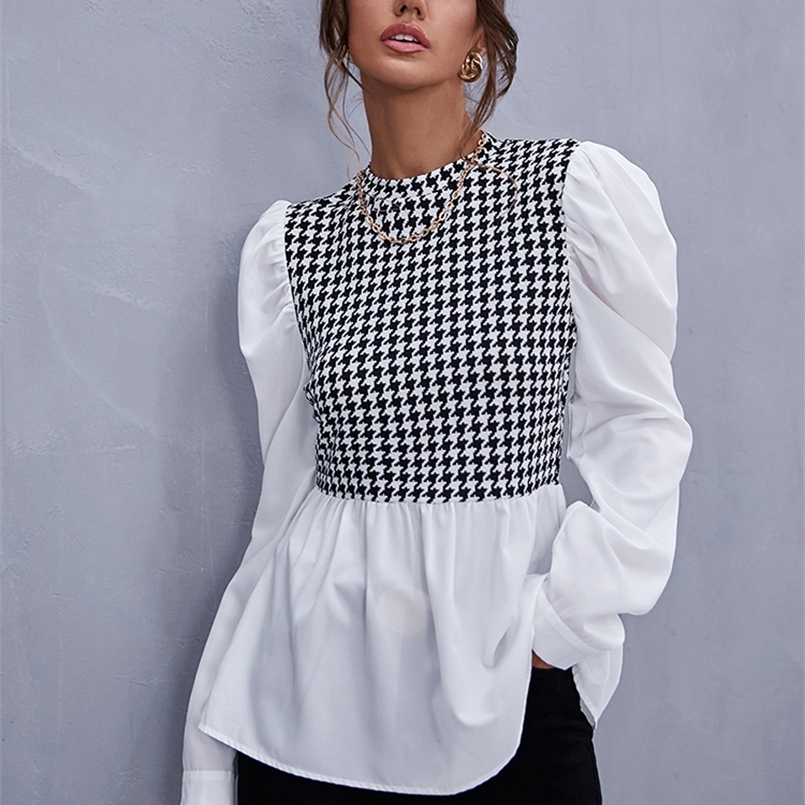 

Women Elegant Houndstooth Shirt Fashion Ruffle Stitching Fluffy Long Sleeve Top Casual Chic Ladies Blouse Office White Shirts 220407