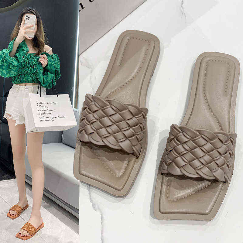 

Style Slippers Women's 2022 Summer One-line Woven Belt Wear Light Sandals Korean Lazy Beach Shoes, Black