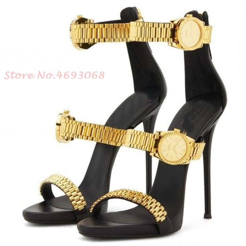 

Sandals Heels Shoes With Wristwatches Women Cover Heel High Thin Luxury Black Pumps Stylish Casual Watch Strap Summer, Gold