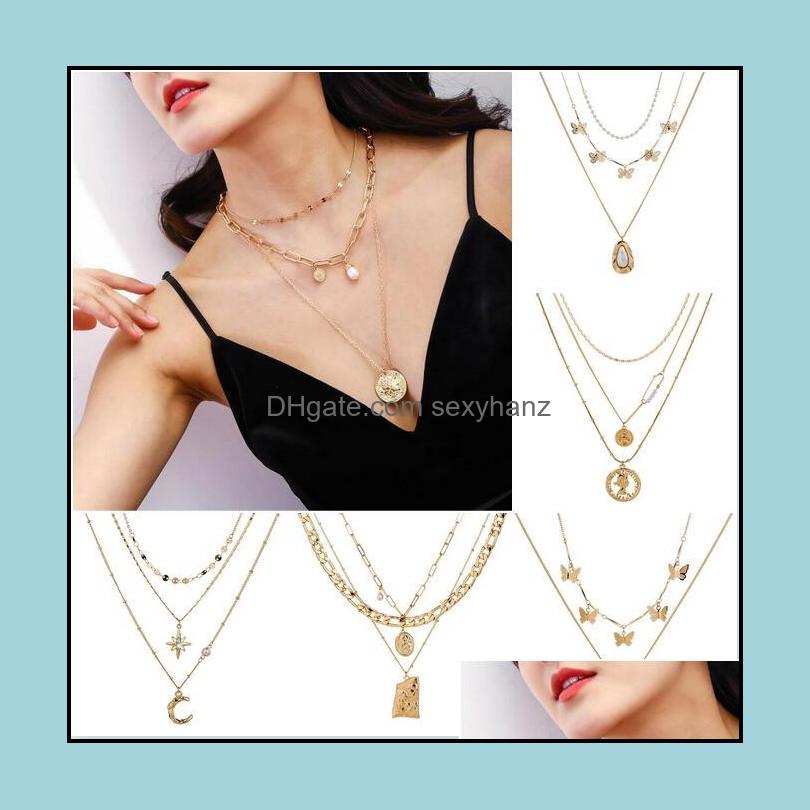 

Pendant Necklaces Pendants Jewelry Mtilayer Gold Necklace Bohemian Butterfly Pearl For Women Girls Portrait Chokers Fashion 7 Styles Drop