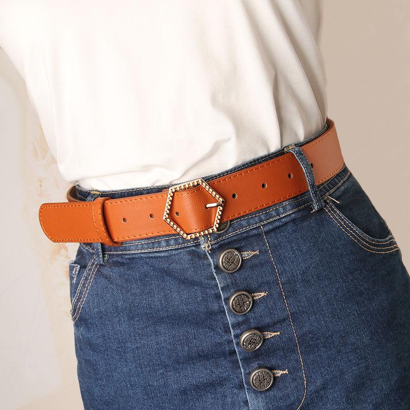 

Belts Fashion Hexagonal Alloy Buckle Faux Leather Ladies Belt Versatile Girl Dress Decorative PY76, White