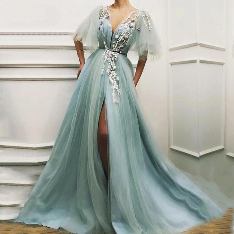 

Party Dresses BridalAffair Light Green Fairy Prom Dress Appliques 3D Flowers Short Sleeves Tulle Evening Gown Side Split Celebrity DressPart, Black