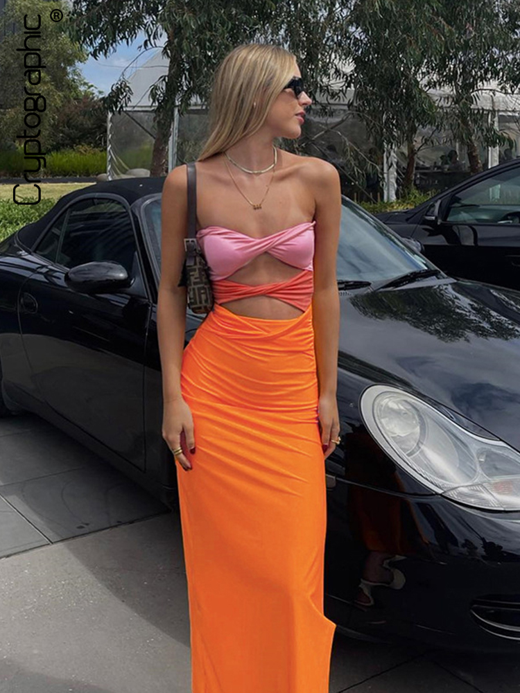 

Elegant Sexy Off Shoulder Sleeveless Wrap Maxi Dress for Women Fashion Holiday Twist Cut Out Dress Gown Clothes, Orange