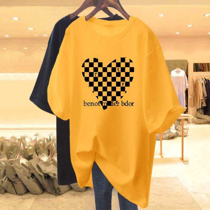 

Womens T Shirt Checkerboard Heart-Shaped Young Long Tees Couples Simple Fashion Shirts Fluorescent Green Tshirt For Mens And Womens SAPC, Black