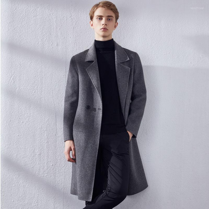 

Men's Wool & Blends Winter Double-Sided Woolen Coat Korean-Style Youth Mid-Length Drop-Shoulder Thickened Trench Kend22, Black