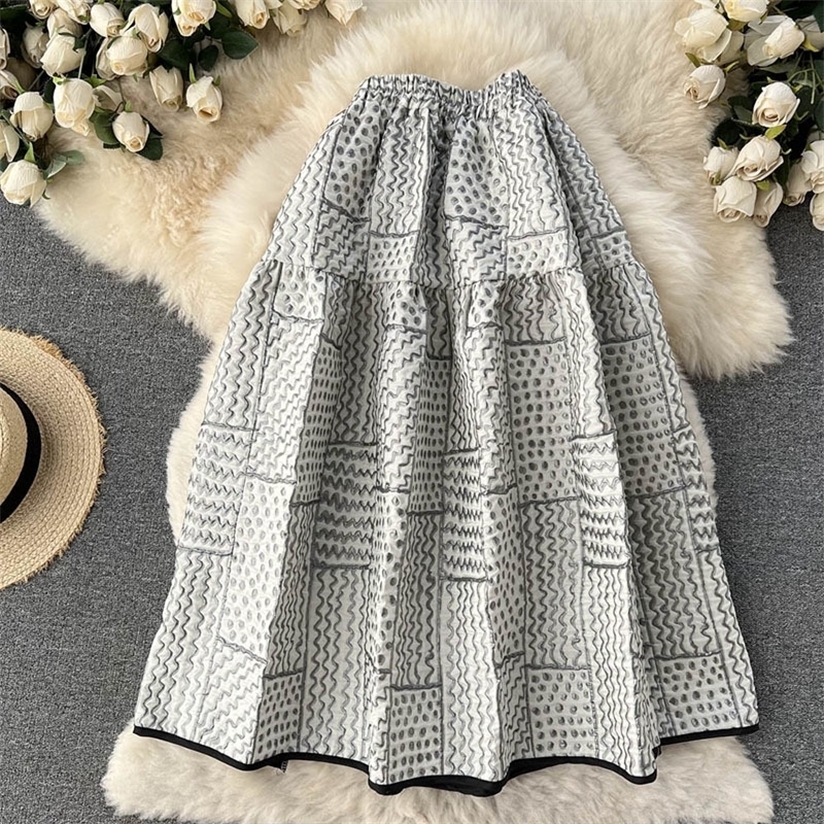 

[EWQ] Fashion Spring Striped Jacquard Design Women High Waist Fold Mid-calf A-line Bubble Skirt Female 16R1486 220322, Gray