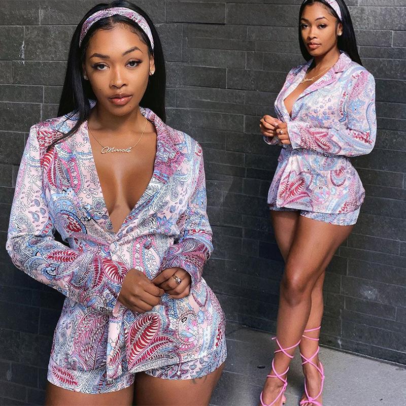 

Women' Tracksuits Summer European And American Fashion Casual Printing Suit Jacket Shorts Two-Piece Women Clothing WholesaleWomen, Multi