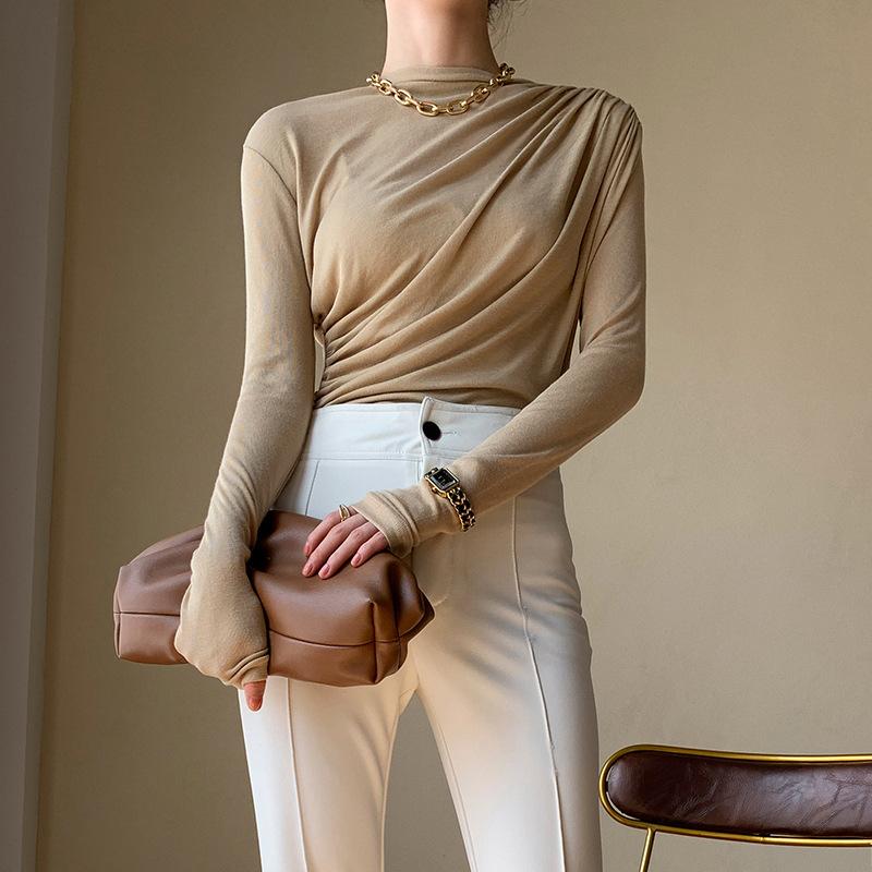 

Women' Blouses & Shirts Casual Pleated Long Sleeve Blouse T-shirt For Woman 2022 Autumn Designer Luxury Clothing HarajukuWomen, Black