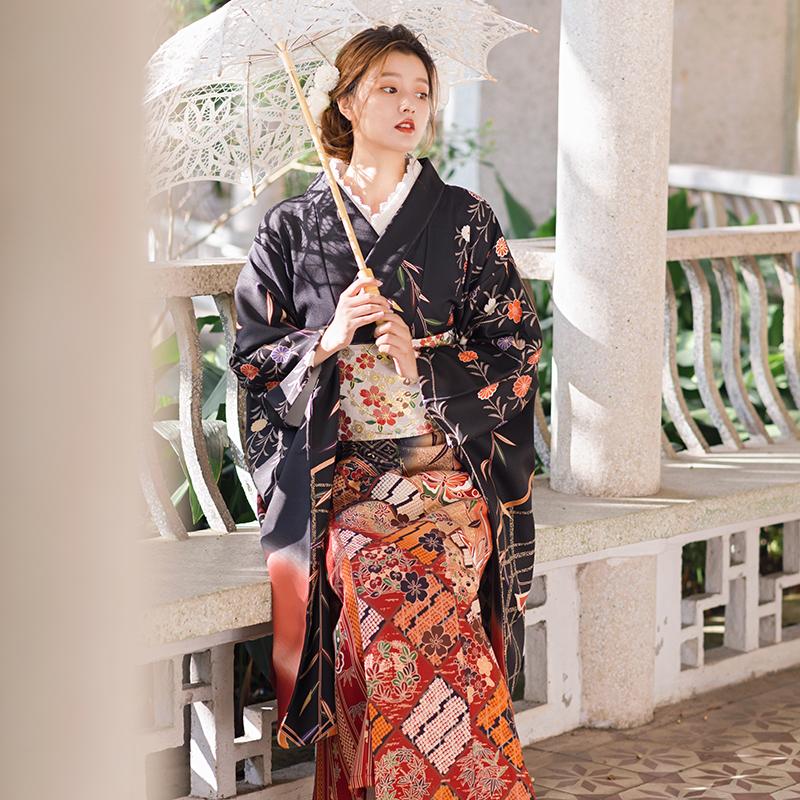 

Ethnic Clothing Black Traditional Japanese Long Kimono Women Original Yukata Robe Dress Butterfly Print Performance Geisha Cosplay CostumeEt