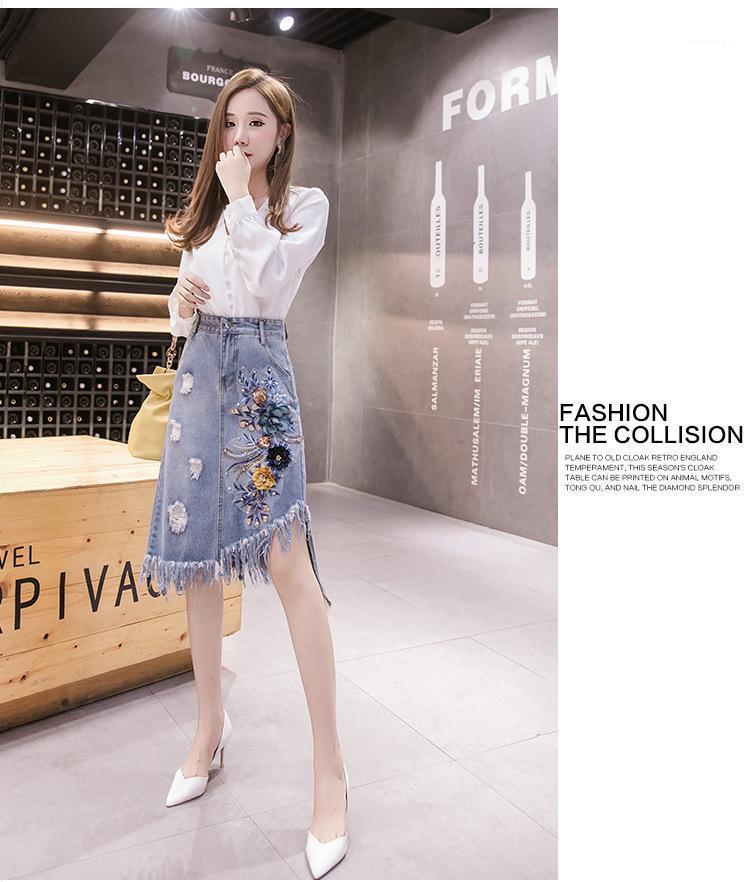 

Spring Women Fashion A-line Style Water Wash Flower Appliques Embroidery Ripped Denim Skirt Lady Trendy Jean Cotton Tassel Skirts, Same as photo