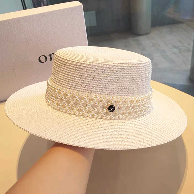 

Summer Girls Women Casual Pearls Beach caps Ladies female Ribbon Letter Visor Sun protection Straw hat, Red