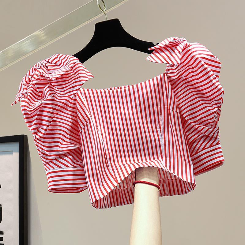 

Women' Blouses & Shirts Sweet High Waist Short Tops Vintage Stripe Bow Zipper Puff Sleeve Square Neck Summer 2022 Woman Shirt All Match Chi, Black