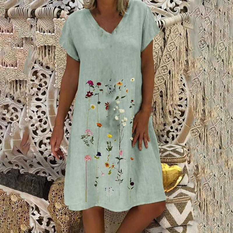 

Plus Size Dresses Fashion Women Embroidered Short Sleeves V Neck Casual Dress Vacation Beach Floral Ladies #YG, Green