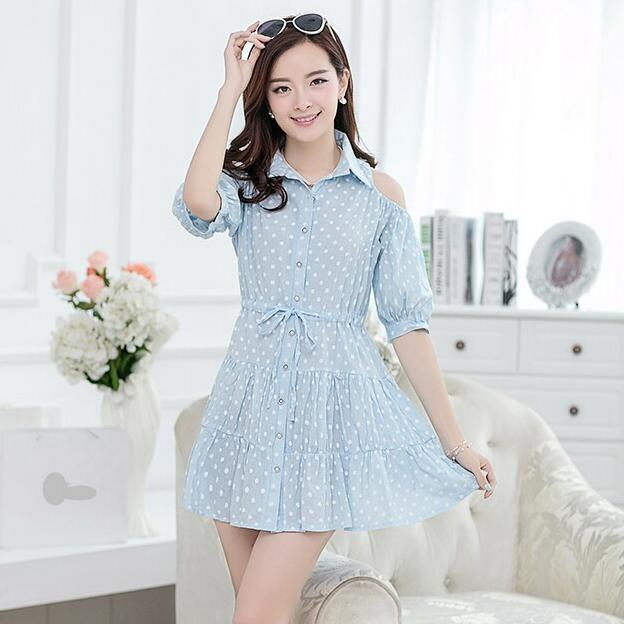 

New Spring Women Fashion Dresses Sweet Style Slim Short Sleeve Off Shoulder Hollow Out Cotton Casual Dress With Pockets Blue/Pink Size