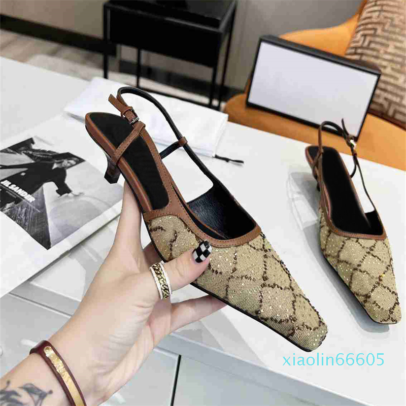 

Fashion-Women Slingback Sandals Designer Mid Heel Sandal Slippers Black mesh with crystals sparkling Print shoes Rubber Leather summer Ankle Strap Slippers