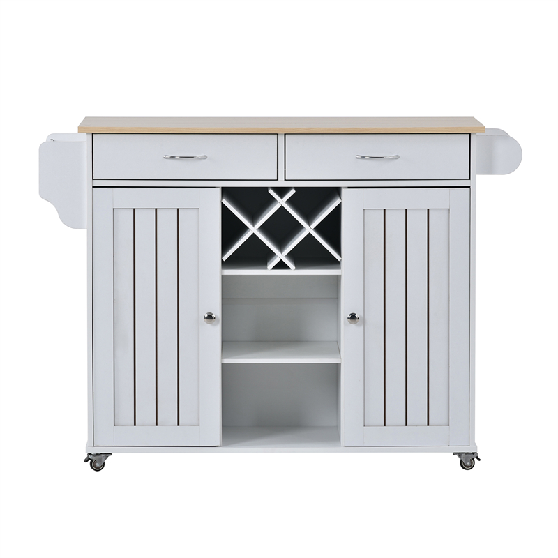 

Hot selling Dining Room Kitchen Island Cart with Two Storage Cabinets and Four Locking Wheels Wine Racks Two Drawers Spice Rack