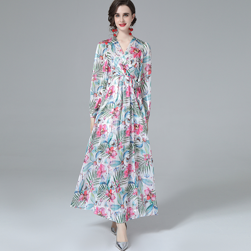 

Women' Runway Dress Sexy V Neck Long Sleeves Printed Floral High Street Designer Dresses Vestidos, Green