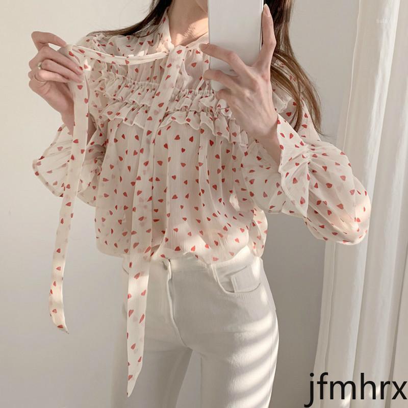 

Women's Blouses & Shirts Jfmhrx Korean Chiffon Shirt Sweet Love Heart Printed Causal Top Blusas Spring Flare Long Sleeve Bow Tie Collar 555, Black