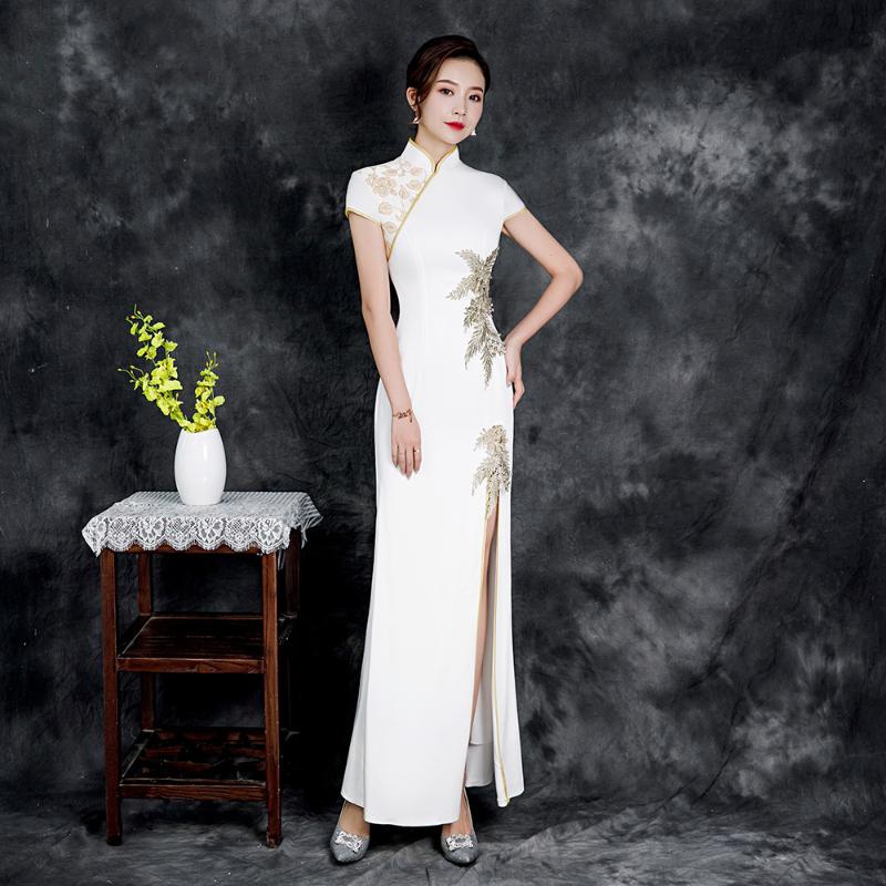 

Ethnic Clothing Chinese Style Satin Cheongsam Lady Classical Diagonal Qipao Side Split Applique Gown Vintage White Bride Wedding Dress Size
