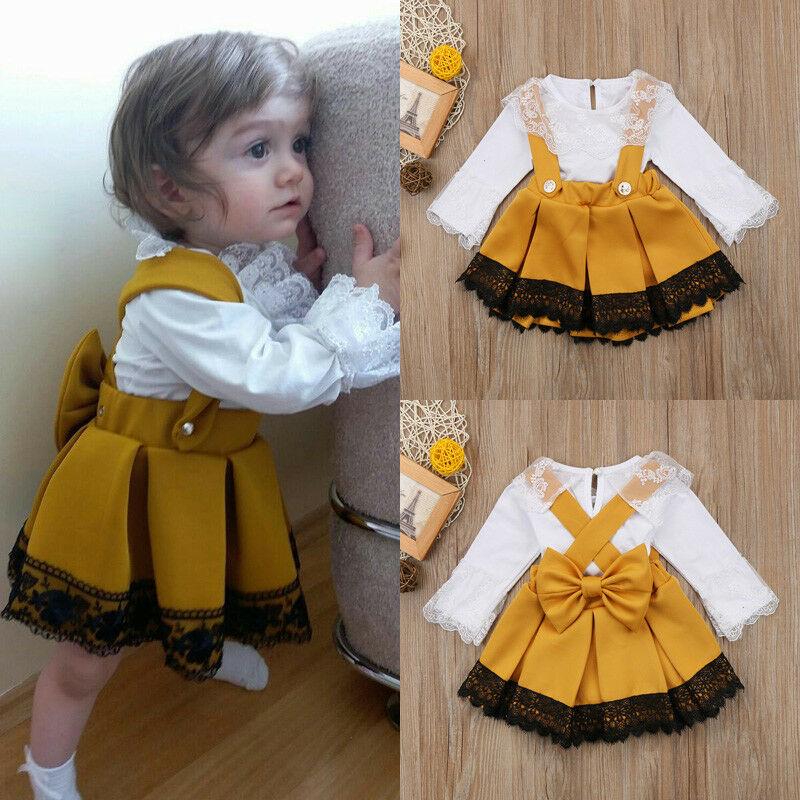 

Fashion Yellow 2pcs Newborn Kid Sets Baby Girl Lace Jumpsuit Romper Bow Princess Party Skirt Dress Outfit Back Deco Set, As photo shows