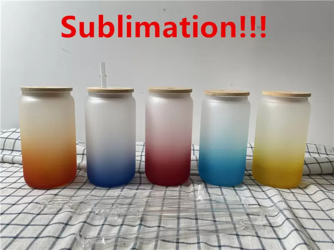 

16oz Sublimation Glass Beer Mugs Gradient Can Shaped Glass Cups Beer Can Glass Tumbler Drinking Glasses With Bamboo Lid And Reusable Straw sxa13