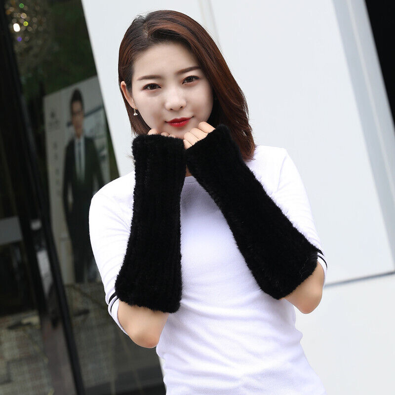 

100% Real Mink Fur Glove Winter Long Fingerless Mittens Wrist Warm High Elastic