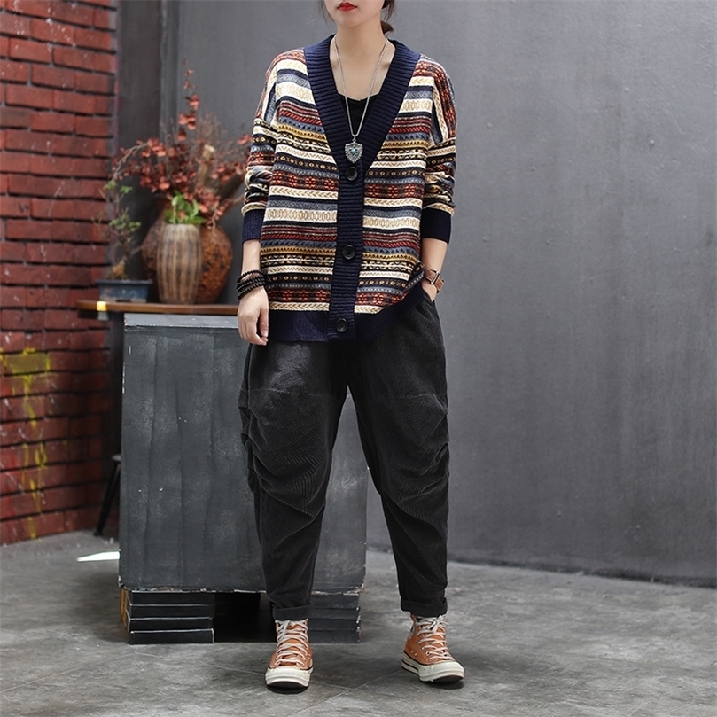 

retro cardigan jacquard v-neck long-sleeved sweater jacket autumn casual all-match single-breasted knitted cardigan women 201204, Blue