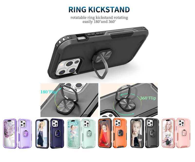 

Bumper Heavy Duty Cases For iphone 13 12 11Pro max Samsung S20 S21 S22 3in1 Hard PC Silicon Armor Finger Ring Holder Shockproof Hybrid Impact Combo Cover, Orange