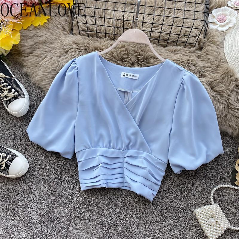 

Chiffon Shirts V Neck Slim 2022 Summer Tops Spring Korean Sexy Women Blouses Ins Fashion Short Sleeve Blusas 19940 Women's &, Black
