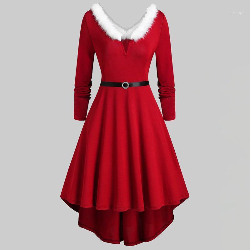 

Casual Dresses Vintage Women Sashes Christmas Faux-plush Panel Dress Long Sleeve V Collar A-line Party Vestidos Robe Longue Femme