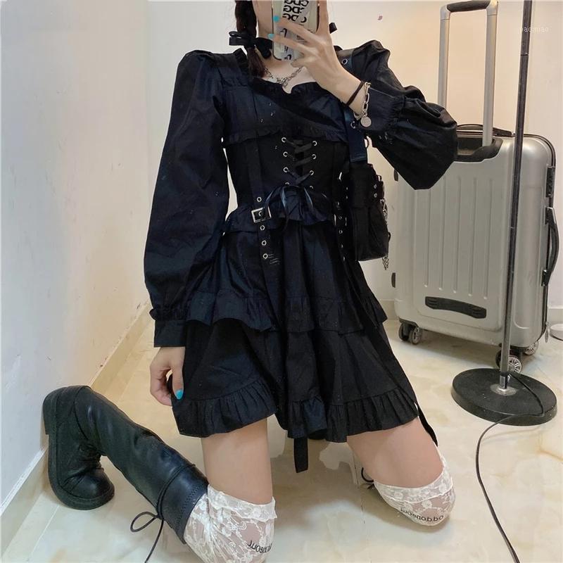 

Casual Dresses Japanese Harajuku Women Black Ruffles Dress Gothic Punk Style Bandage Sashes Cosplay Costume Cute Kawaii Mini Lolita Party, Short sleeve