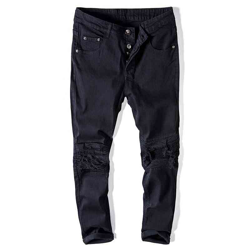 

Street trendy men wrinkled knees damaged Slim Fit Jeans Dark Biker jeans elastic Leggings, Black