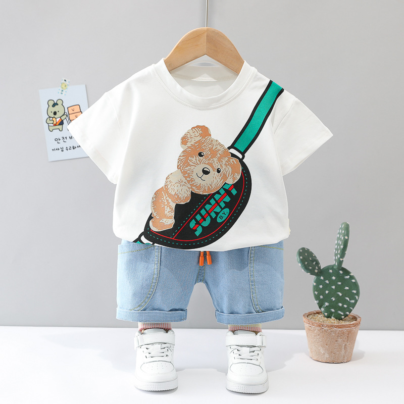 Boys Suit Clothes Summer Baby Boys Clothing set Short Sleeve Bear Shirt Soft Denim Shorts 2PCS Kids Clothes-image-771746202