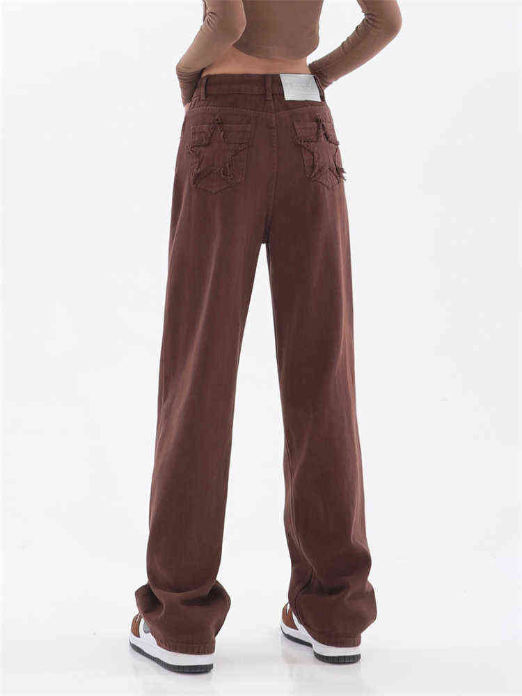 

American Retro Coffee Jeans Women' High Waist Spring Autumn New Design Small Straight High Street Denim Pants Female Trousers T220728, Auburn
