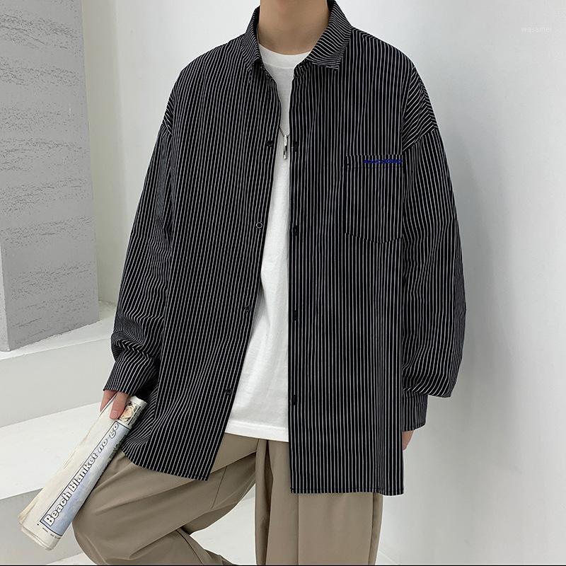 

Men's Casual Shirts Summer Long-Sleeved Striped Shirt Trend College Style Loose Tops Male Clothing Large Size 5XL MA041, Black