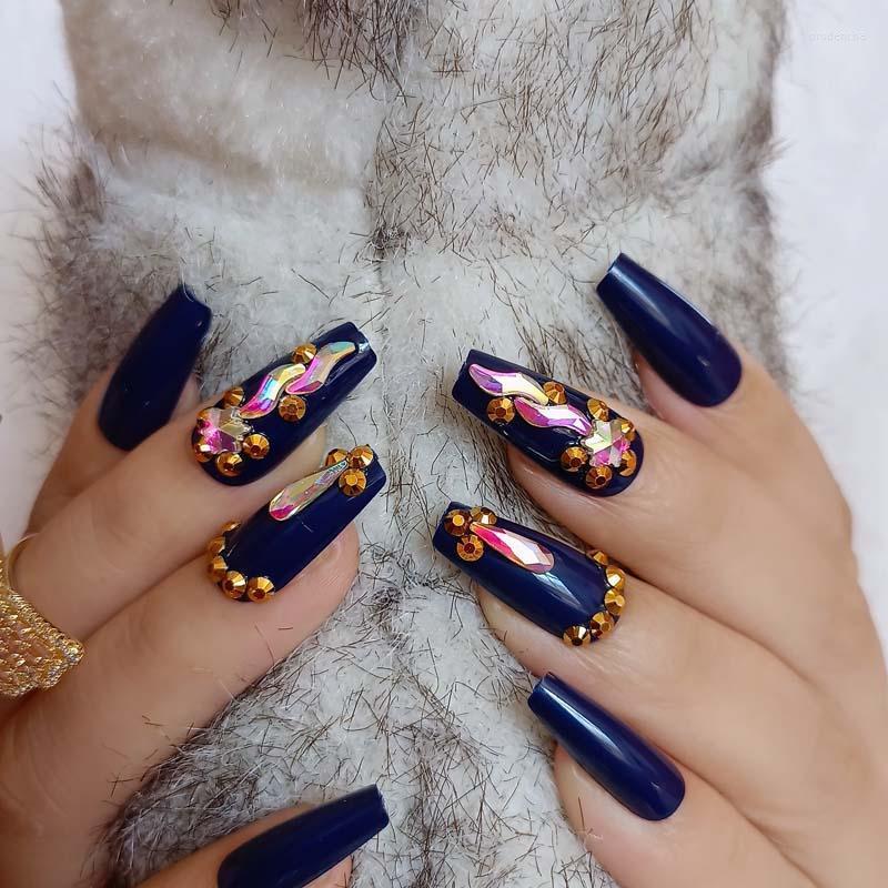

False Nails 24pcs Latest Candy Long Ballet Handmade Crystal Diamond Fake Sexy Deep Blue Prud22, 1 set