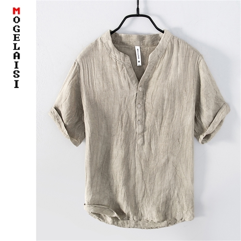 

summer shirt men solid 100% linen short sleeve Breathable soft tops for man clothing fashion khaki 888 220527, White