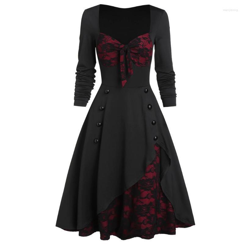 

Casual Dresses Women Plus Size Party Dress Formal Flower Lace Insert Mock Button Bowknot Vintage Women's Long Sleeve Stitch 2022, Black