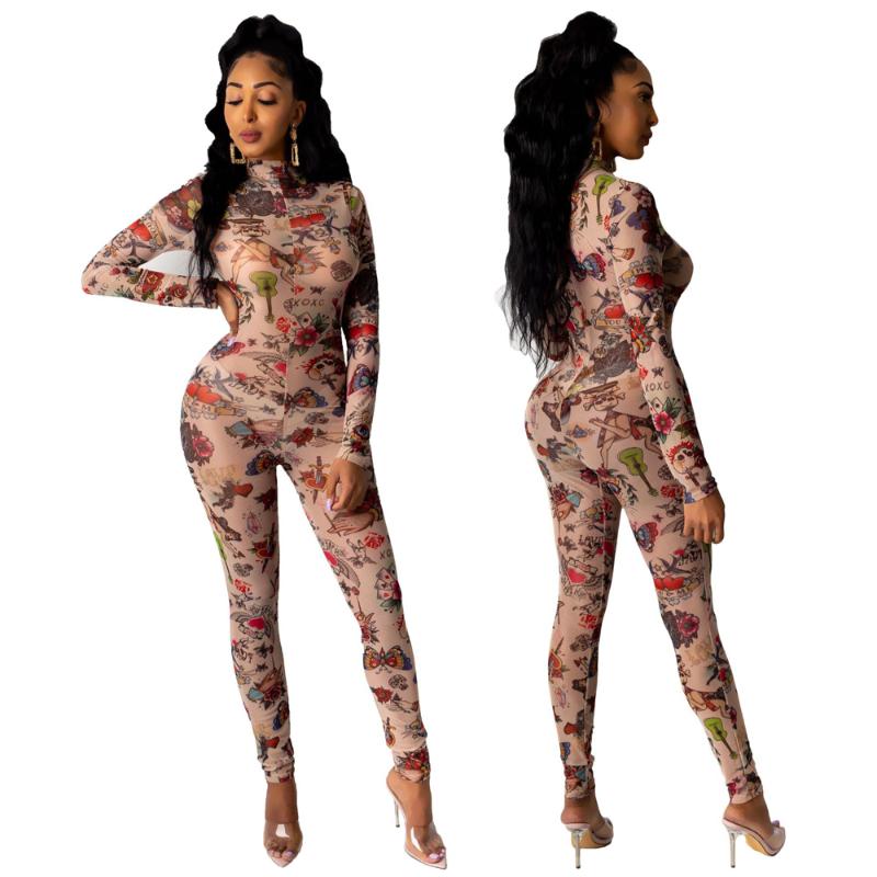 

Women' Jumpsuits & Rompers Print Sexy Bodycon Jumpsuit Women Stand Collar One Piece Overalls Party Night Clubwear Zipper Long Sleeve 2022, Khaki