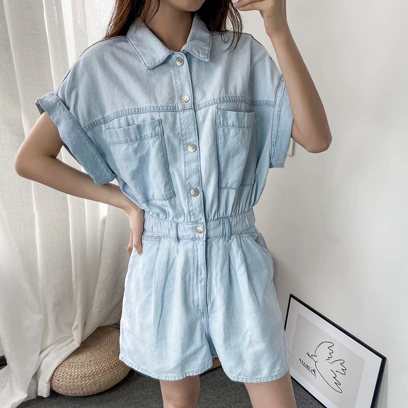 

Summer SingleBreasted Loose Washed Denim Thin ShortSleeved Retro Pocket WideLeg Jumpsuit 210521, As shown