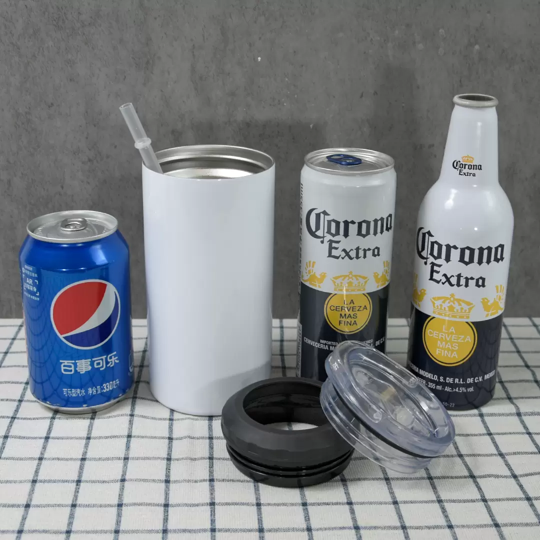 

Small Pack 4 in 1 NEW Sublimation Straight can cooler 16oz Stainless Steel Tumbler with 2 lids and Wine Beer cola coolers Double Wall Insulated Vacuum Water glass B7, White