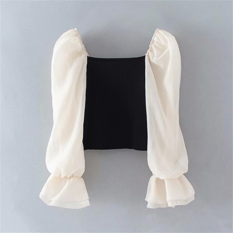 

Women elegant organza puff sleeve patchwork knitted casual smock blouse ladies chic square collar feminina shirt tops LS6464 220419, As pic ls6464b