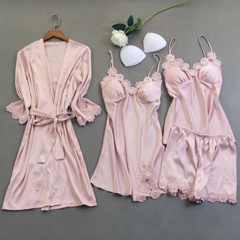 

Women's Sleepwear 4PCS Pink Pajamas Set Women Nightshirts V-Neck Print Nightie Sleep Bathrobe Wear Home Suit Negligee Spring Robe Gown, Dark yeelow- pajamas