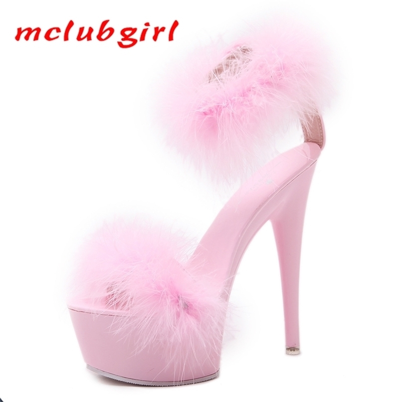 

Mclubgirl Sandals for Women Model High Heels Fine with Sexy Black Platform Heels Ultra-High-Heel Furry Sandals Women's LFD 220406