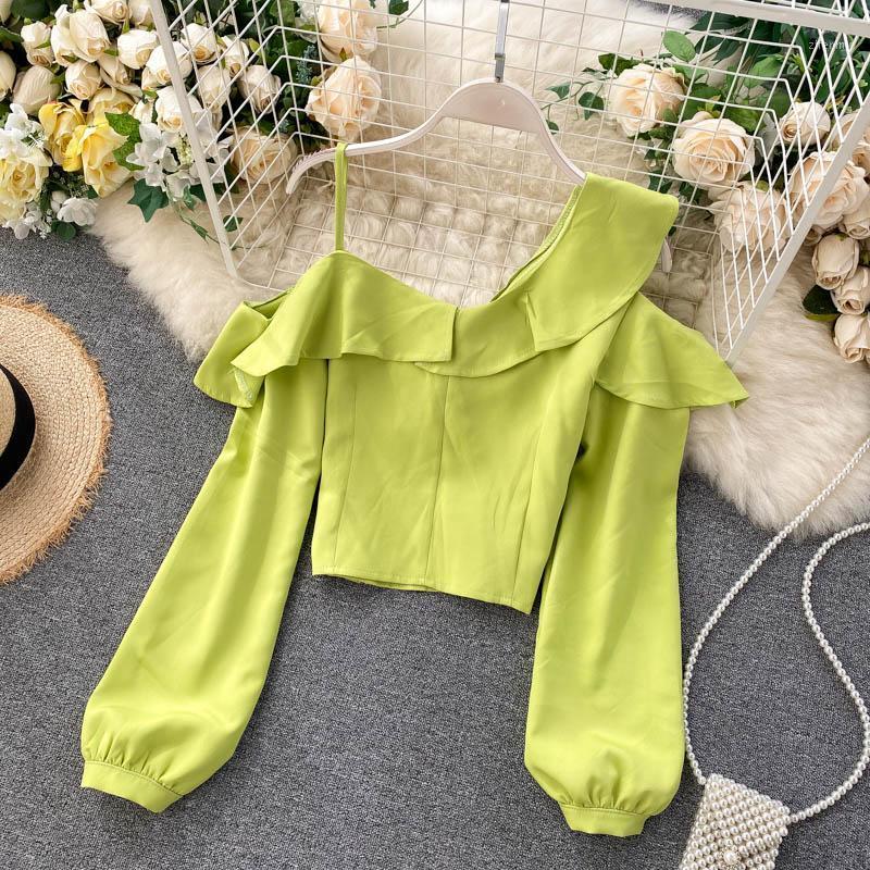 

Women's Blouses & Shirts FMFSSOM 2022 Women Irregular Hollow Out Strapless Top Female Casual Ruffles Red Puff Long Sleeve Office Lady Party, Black