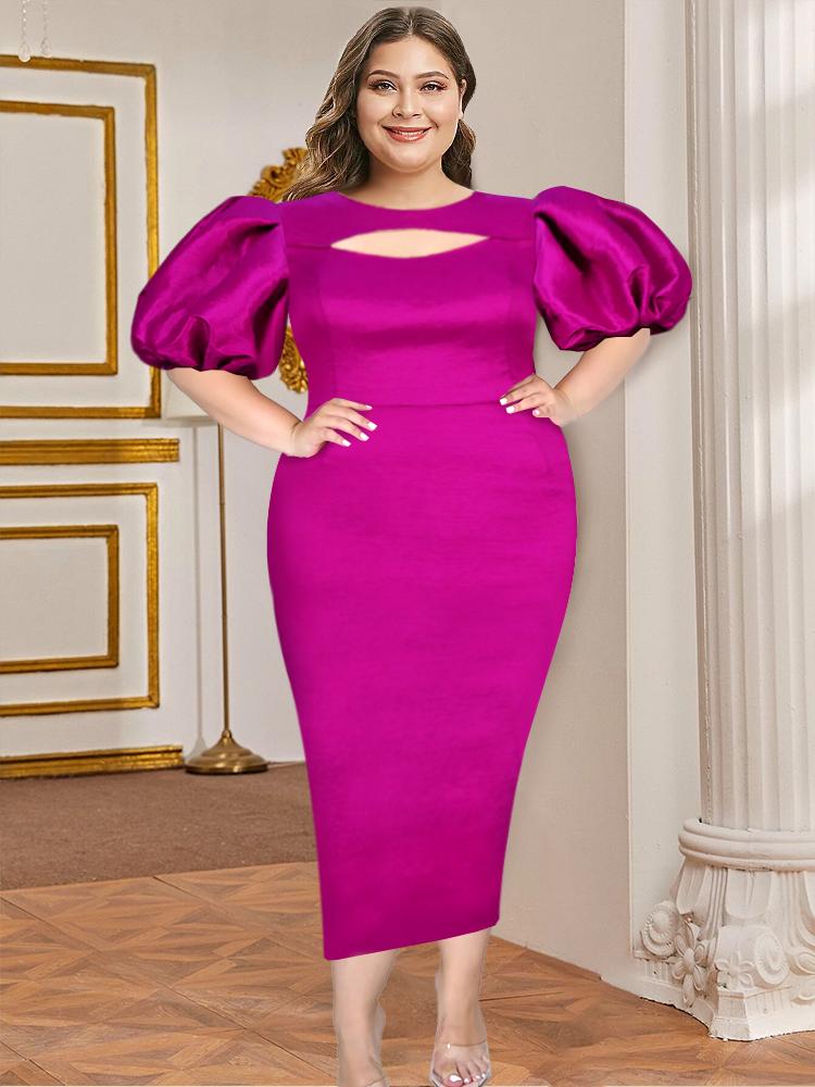 

Plus Size Dresses Rose Women Long Cut Out Party Sexy Short Lantern Sleeve Robes Bodycon Shiny O Neck Summer Fashion Clubwear