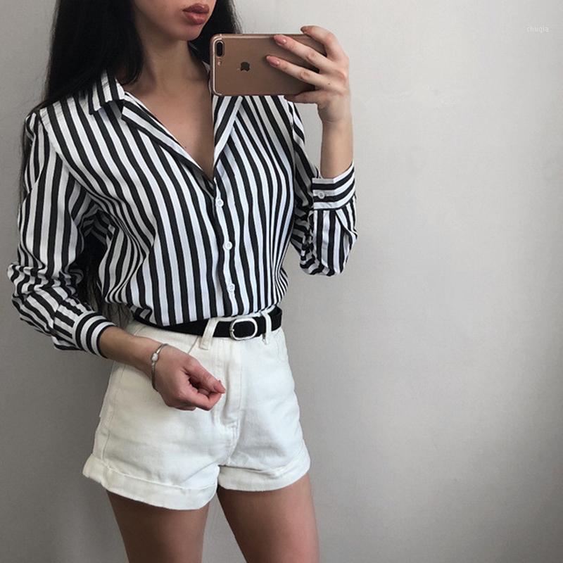 

Women' Blouses & Shirts 2022 Spring Autumn Women Blouse Black Strips V-Neck Long Sleeve Work Office Tops Striped For Business, Stripe