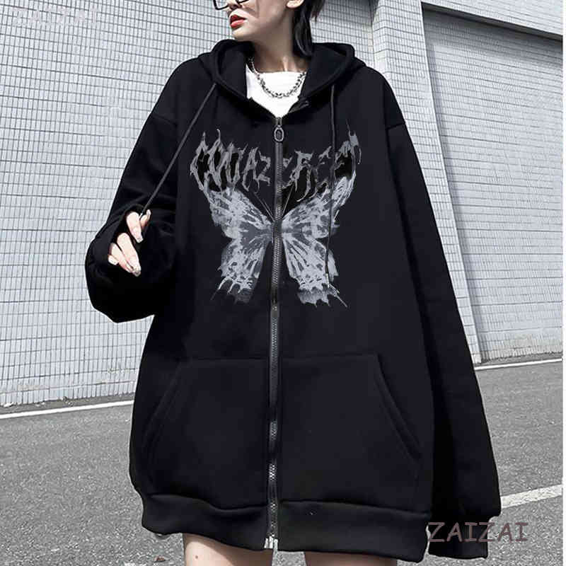 

Y2k Streetwear Hoodie Punk Gothic Oversized Skull Wing Evil Flame Unisex Cardigan Zipper Sweatshirt Men Women Jackets Coats, Soild color