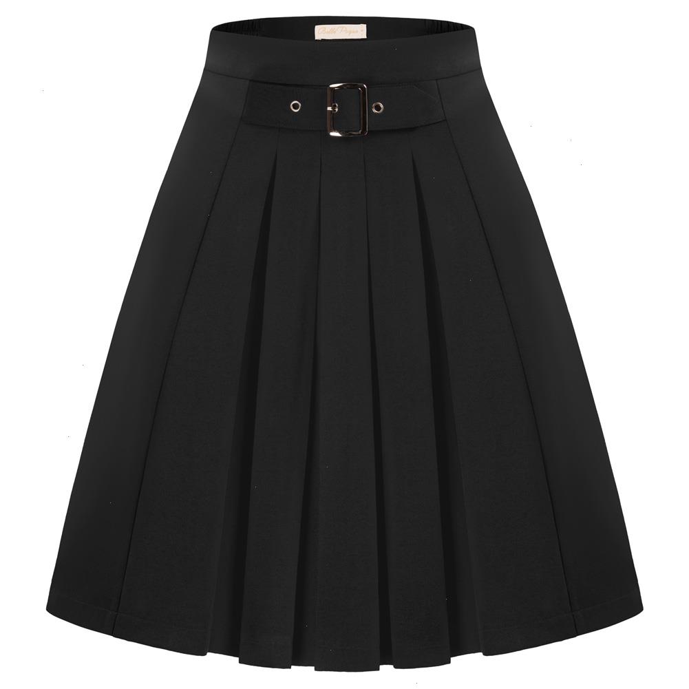 

Bp Vintage Pleated Skirt High Waist Belt Buckle Decorated A-line Skirts Flared Silhouette Harajuku A50, Black