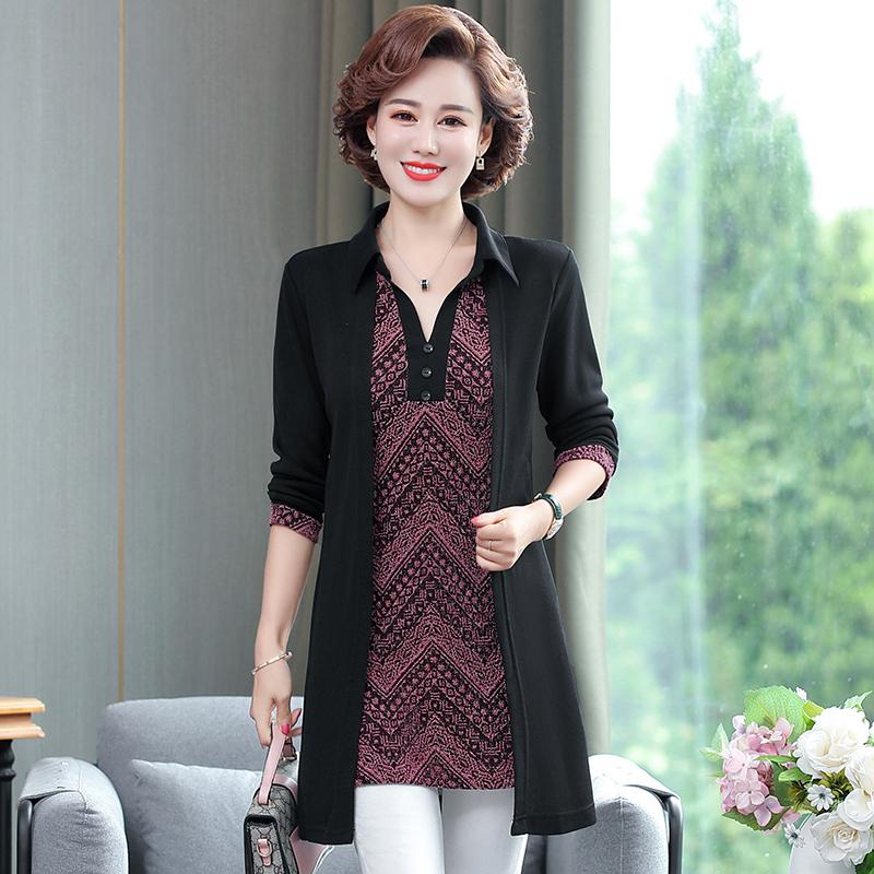 

Women's T-Shirt Fake Two Pieces Women Long Sleeve Tops Spring Fall Pullover Fashion 3XL 4XL 5XL Middle Aged Mother Lapel Casual TeeWomen's, Black